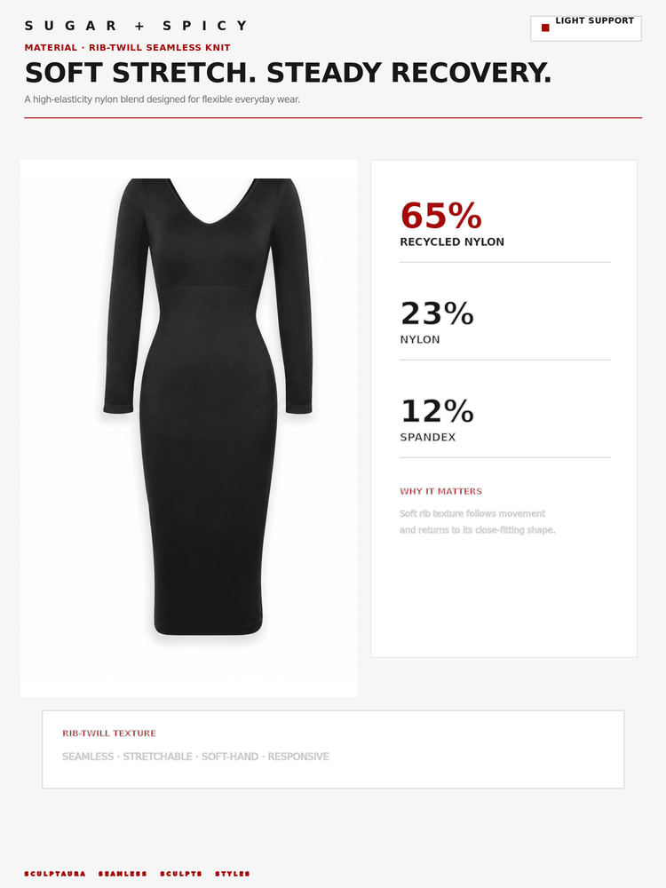 A product information graphic for a black rib-twill seamless knit dress, showing a long-sleeve V-neck bodycon dress on a white background with material composition details: 65% recycled nylon, 23% nylon, and 12% spandex.