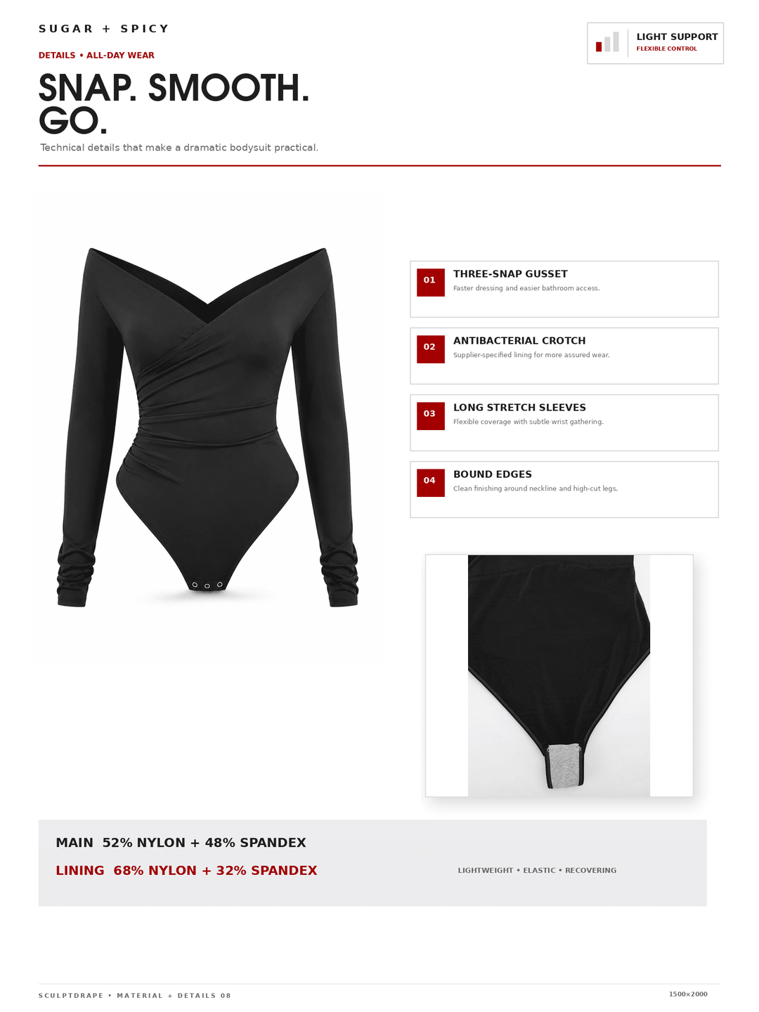 A product detail page for a black long-sleeve bodysuit from Sugar + Spicy. The page features a large front view of the bodysuit, a small inset back view, and a list of features including &