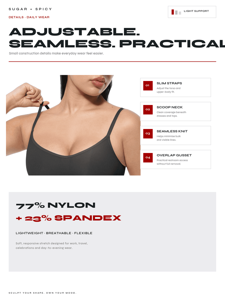 A product information graphic for an adjustable seamless tank top. The layout features a model wearing a dark gray tank top, alongside text detailing its features like 'Slim straps', 'Scoop neck', 'Seamless knit', and 'Overlap gusset'.