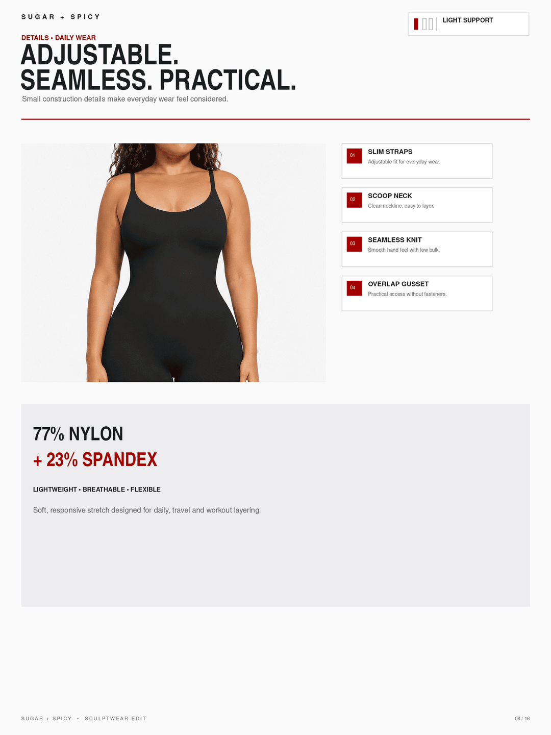 A product information page for a black sleeveless bodysuit or shapewear top, showing a model wearing the garment and feature callouts on a white background with text describing material and construction details.