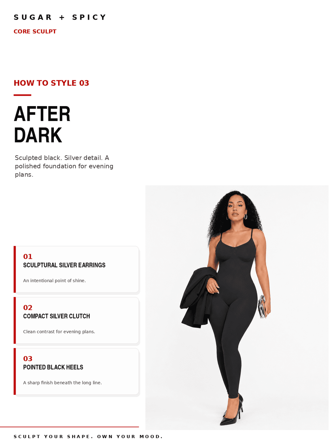 A fashion editorial page showing a model wearing a fitted black spaghetti-strap dress and holding a black jacket, with text reading &