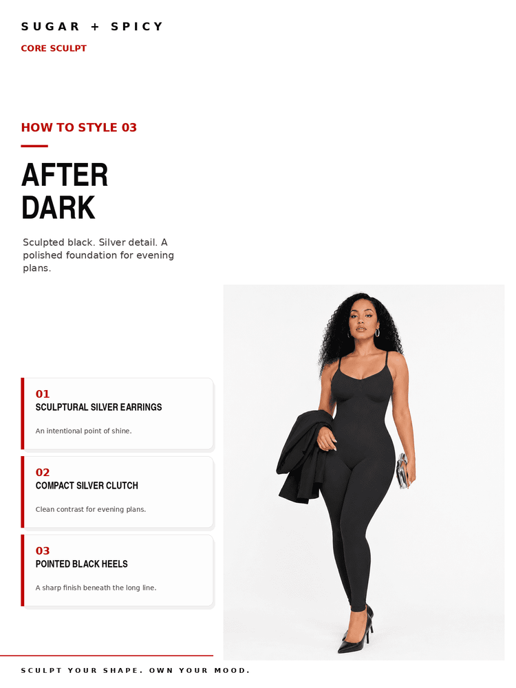 A fashion editorial page showing a model wearing a fitted black spaghetti-strap dress and holding a black jacket, with text reading 'AFTER DARK' and styling callouts for silver earrings, a clutch, and pointed black heels.