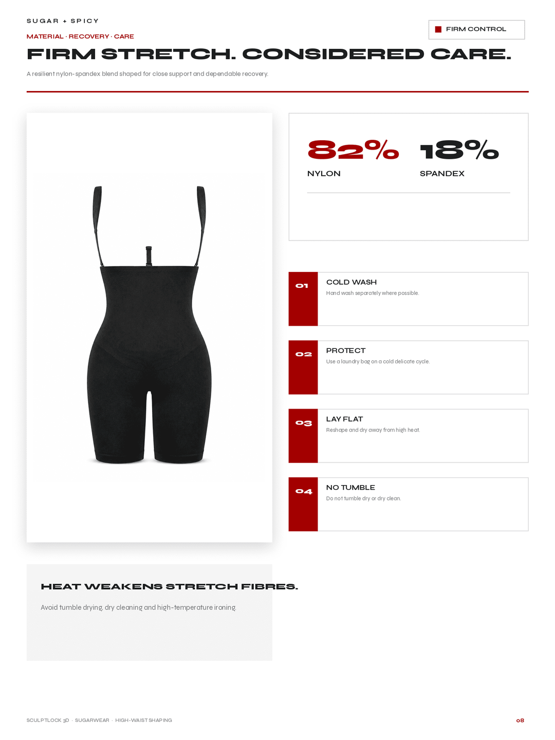A product information page for a black shapewear bodysuit. The page shows a front view of the garment on the left, with text callouts on the right stating 82% nylon and 18% spandex, plus care instructions and color block labels.