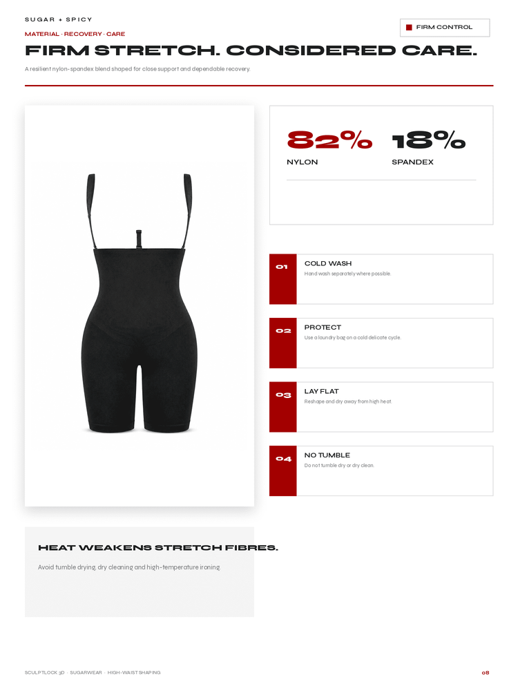 A product information page for a black shapewear bodysuit. The page shows a front view of the garment on the left, with text callouts on the right stating 82% nylon and 18% spandex, plus care instructions and color block labels.