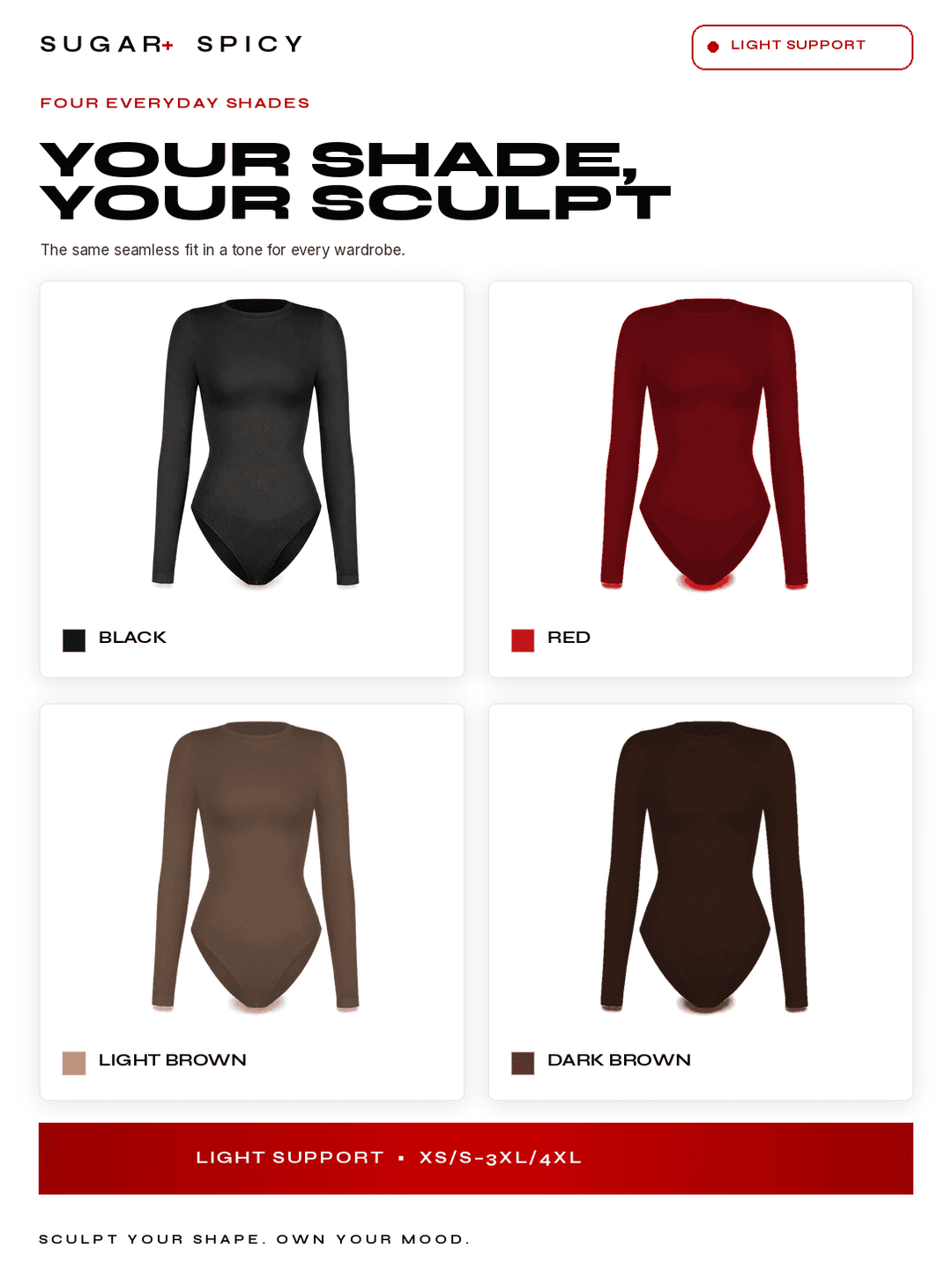 Four shades of BodySculpt seamless long sleeve bodysuit in black, red, light brown, and dark brown.