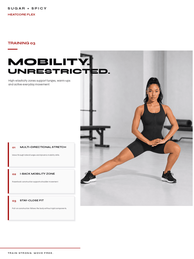 A promotional fitness flyer for 'HEATGORE FLEX' featuring a woman in a black athletic tank top and shorts performing a side lunge stretch in a gym. The flyer includes text sections for 'MOBILITY.