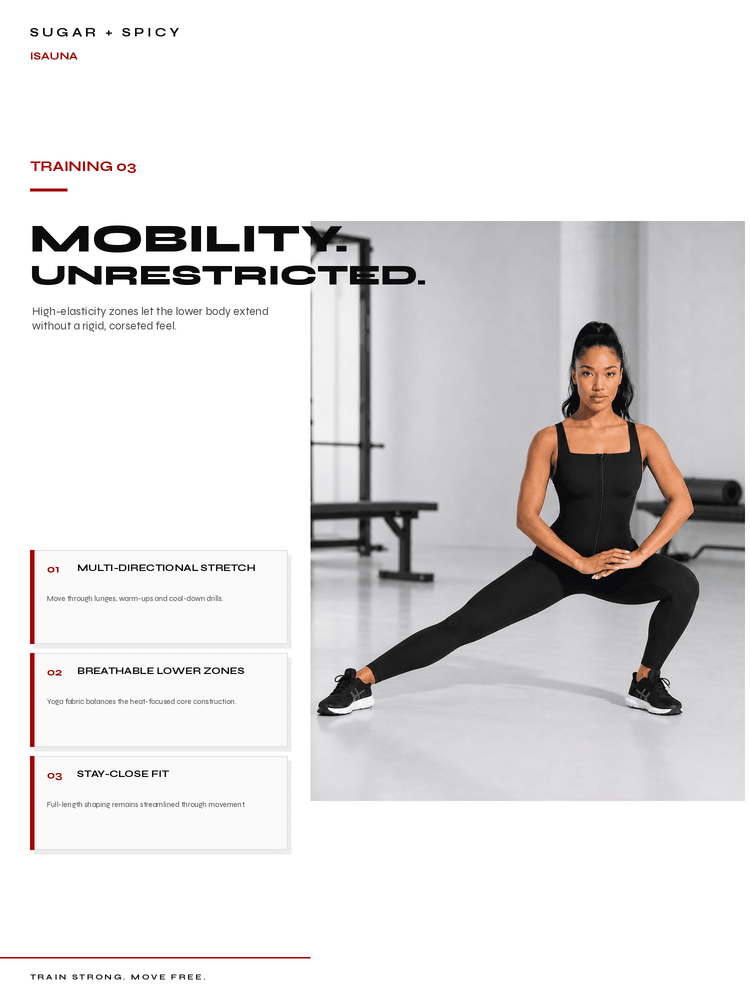 A promotional fitness graphic for an Iajima 'Sugar + Spicy' training session, featuring a woman in a black athletic outfit performing a deep side lunge stretch in a bright studio. The left side contains text detailing the training objectives: 'MOBILITY, UNRESTRICTED.