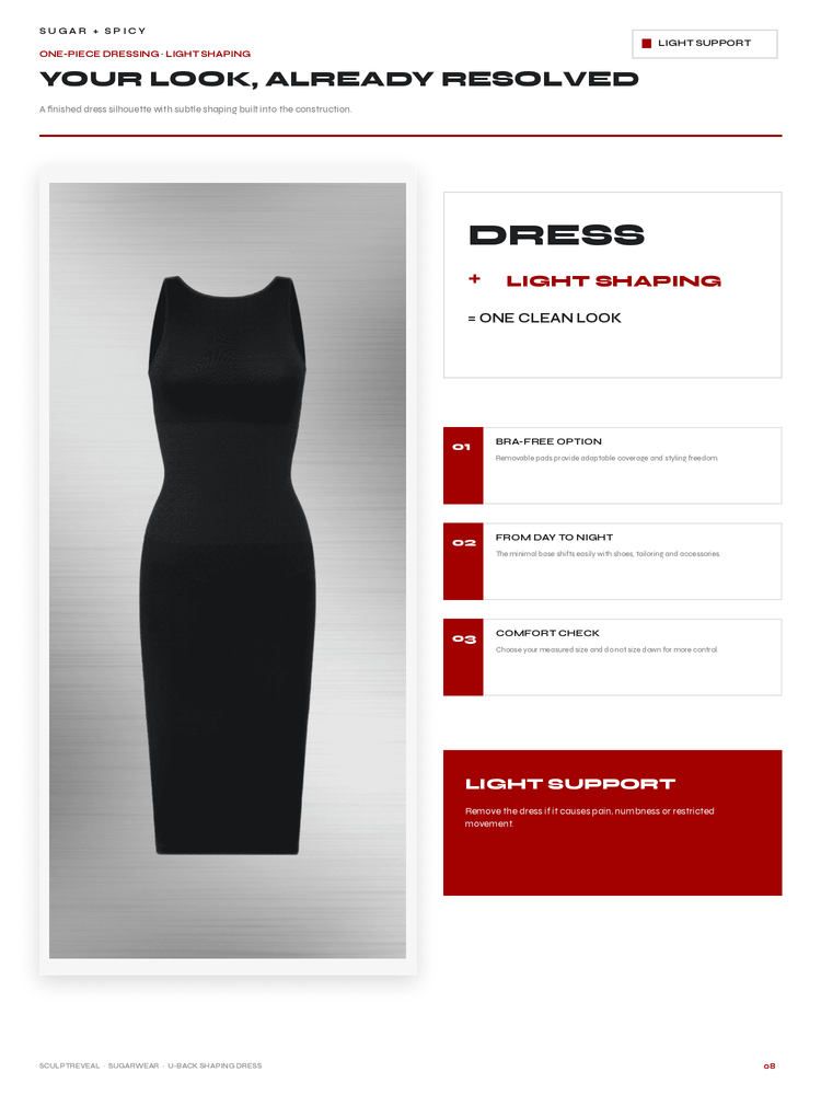 A promotional product page for a black one-piece dress. The page shows a tall, sleeveless black dress on a metallic gray background on the left, with feature callouts on the right including 'DRESS + LIGHT SHAPING + ONE CLEAN LOOK' and text about bra-free option, day-to-night shaping, comfort check, and light support.