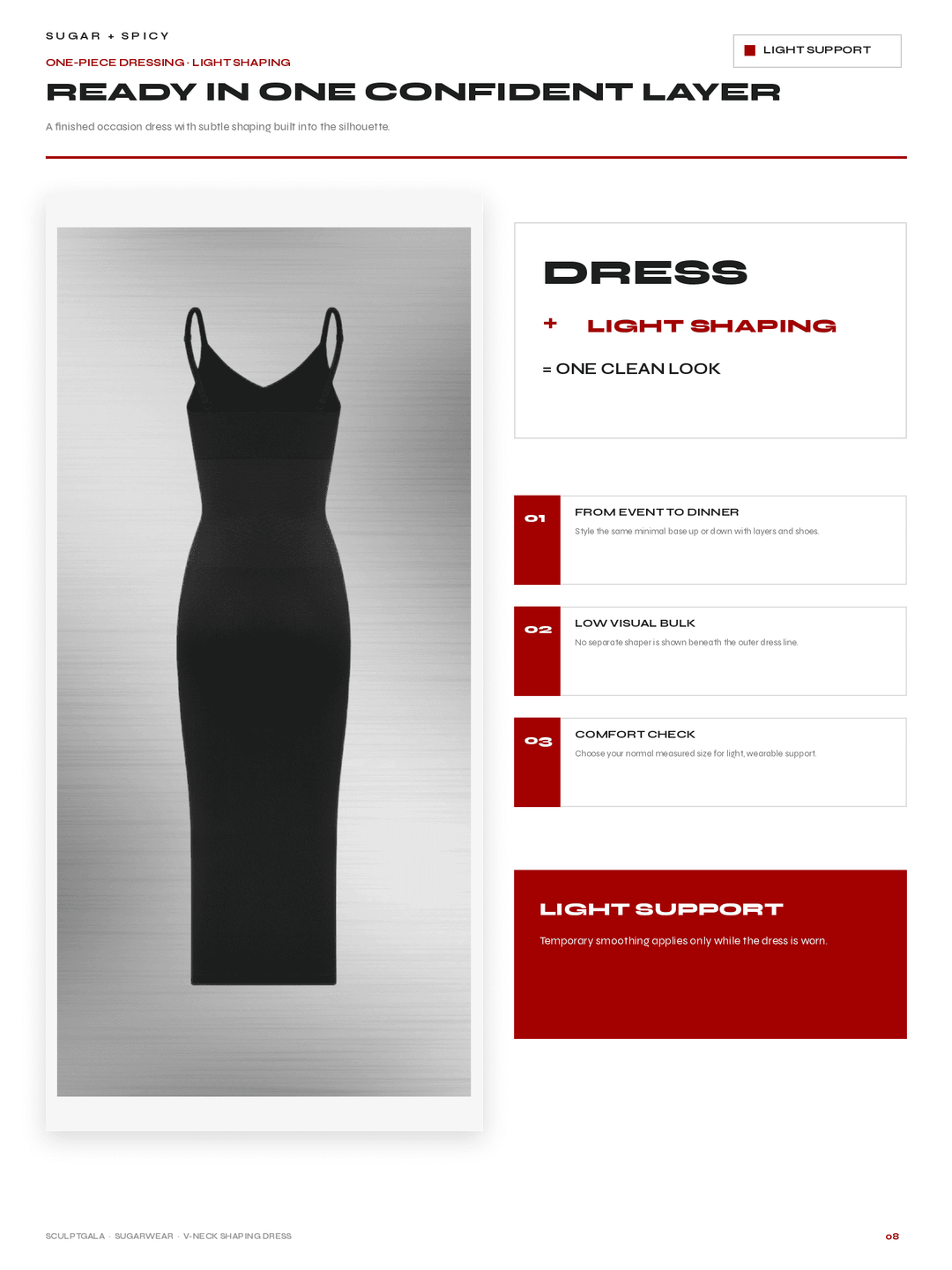 A promotional product page for a black one-piece dress with thin straps, shown on a metallic silver rectangular panel. The page includes marketing text such as &
