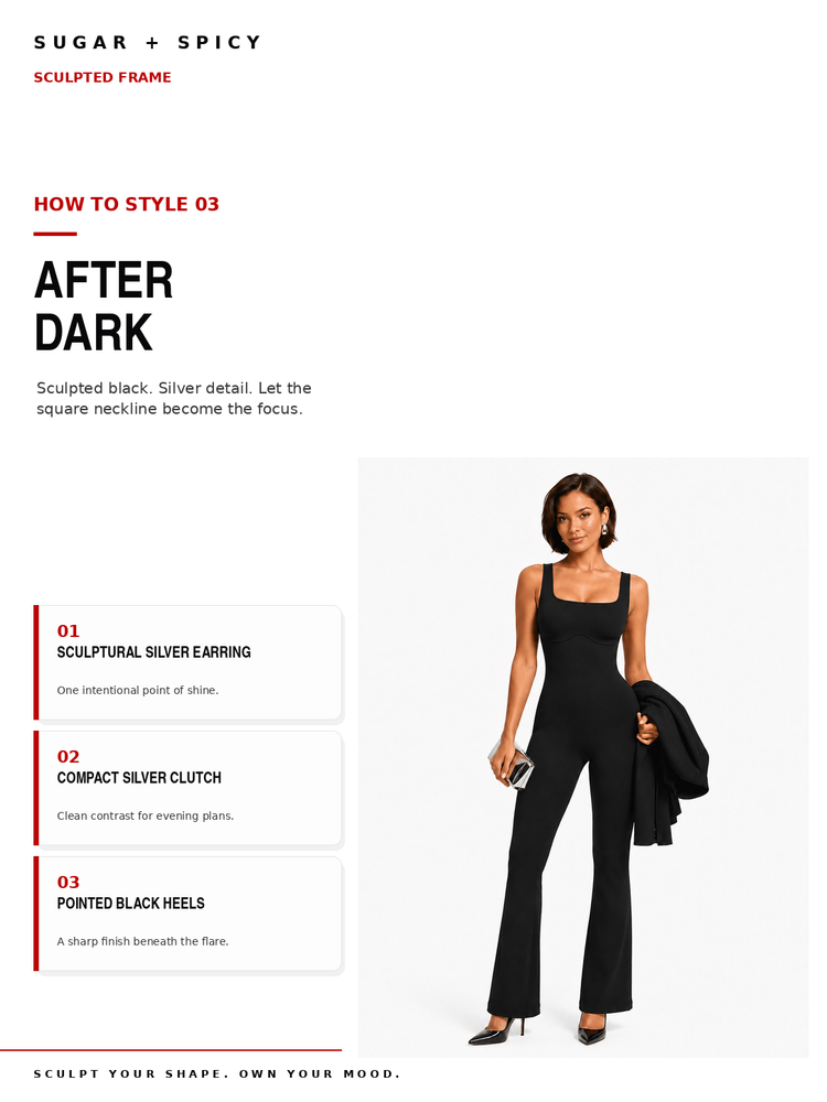 A fashion styling page showing a woman modeling a black sleeveless jumpsuit with a square neckline and wide legs, styled with a black jacket and heels. The page includes text such as 'AFTER DARK,' 'HOW TO STYLE 03,' and styling tips for sculptural silver earrings, a compact silver clutch, and pointed black heels.