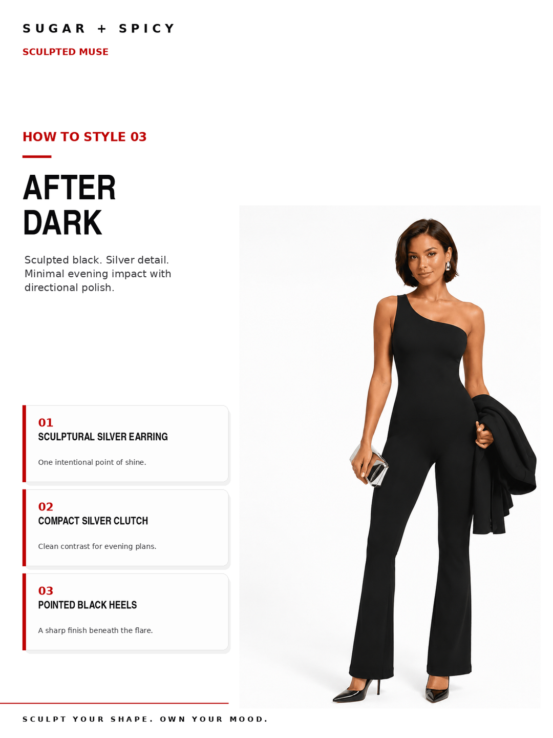 A fashion styling page showing a woman modeling a black one-shoulder jumpsuit against a white background, with text on the left describing the look as &