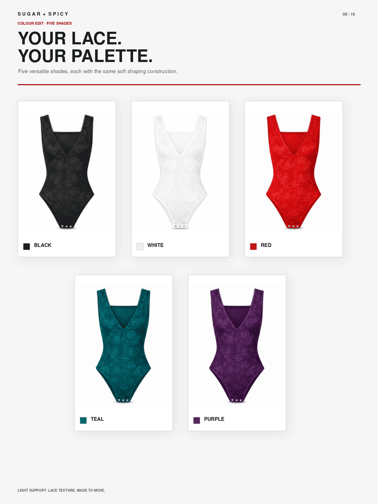 A color options graphic for a lace bodysuit showing five color variants: black, white, red, teal, and purple. Each variant is displayed as a flat lace pattern preview on a white card with its color name labeled underneath.