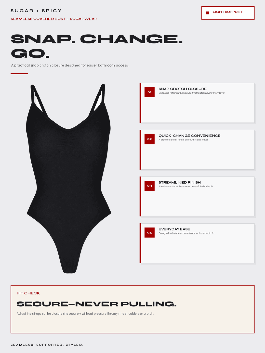 A product infographic for a black one-piece criss-cross bodysuit, titled &