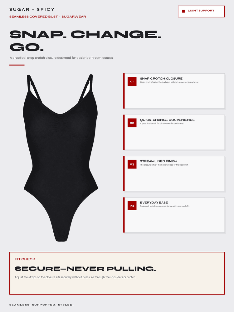 A product infographic for a black one-piece criss-cross bodysuit, titled 'SNAP. CHANGE.