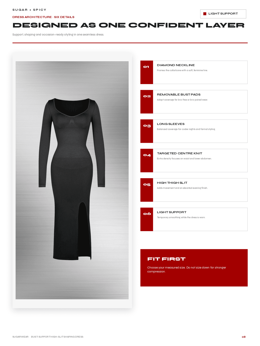 A product information page for a black long-sleeve midi dress, featuring a side-by-side mockup of the dress on a gray background and a vertical panel with feature callouts such as diamond neckline, removable bust pack, long sleeves, targeted center knit, high thigh slit, and light support.