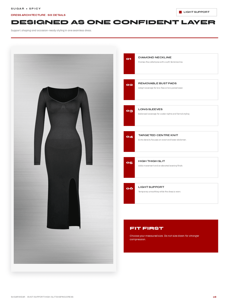 A product information page for a black long-sleeve midi dress, featuring a side-by-side mockup of the dress on a gray background and a vertical panel with feature callouts such as diamond neckline, removable bust pack, long sleeves, targeted center knit, high thigh slit, and light support.