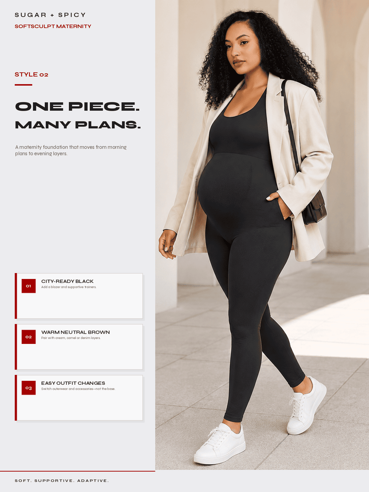 A pregnant model wearing a black maternity tank top and black leggings with a white blazer and white sneakers, standing in a bright indoor setting. The left side of the image features text overlays describing the product as 'City Ready Black' and 'Warm Neutral Brown'.