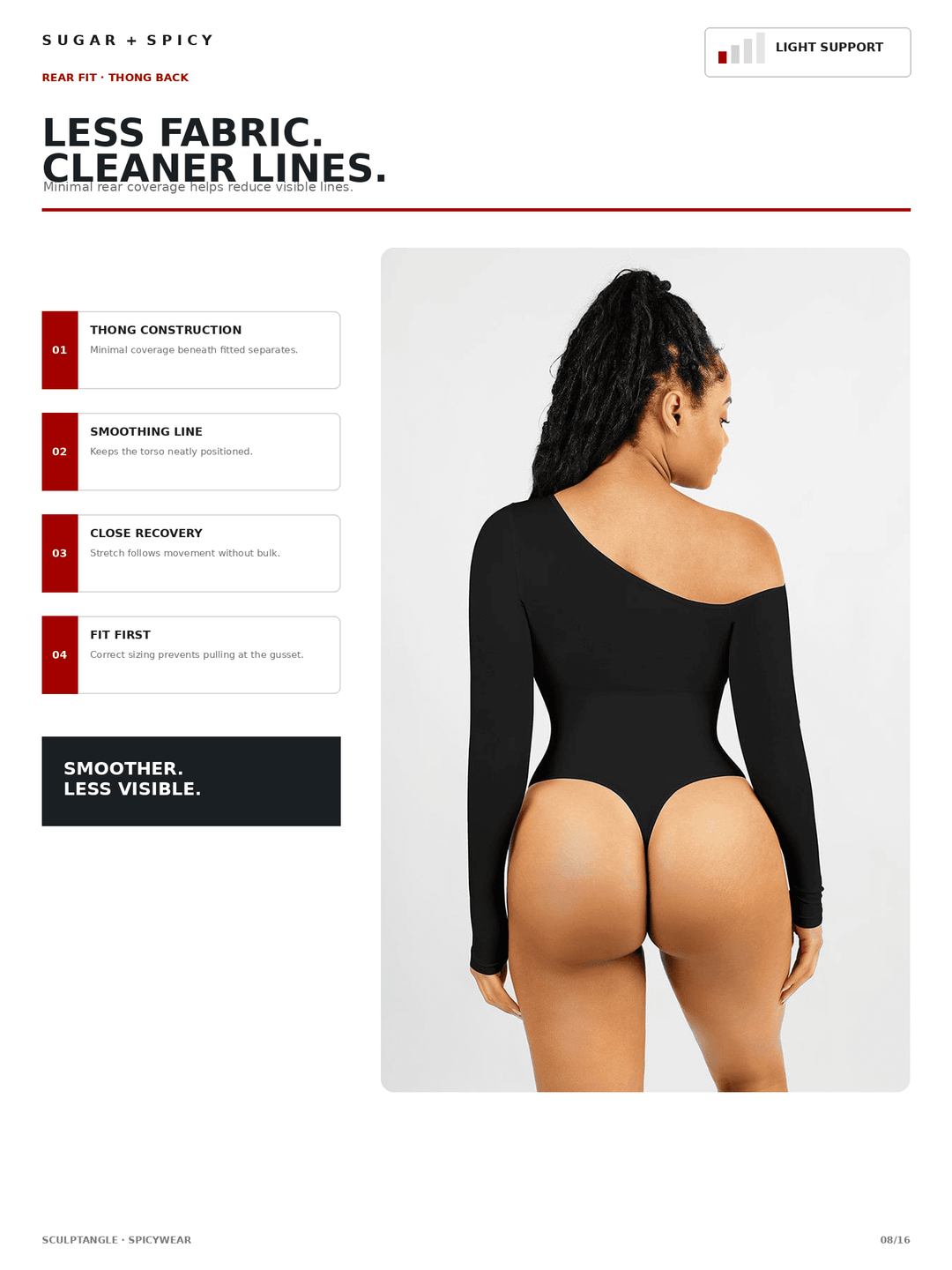 A model shown from the back wearing a black long-sleeve bodysuit, set against a white background with promotional text and feature callouts on the left side of the page.