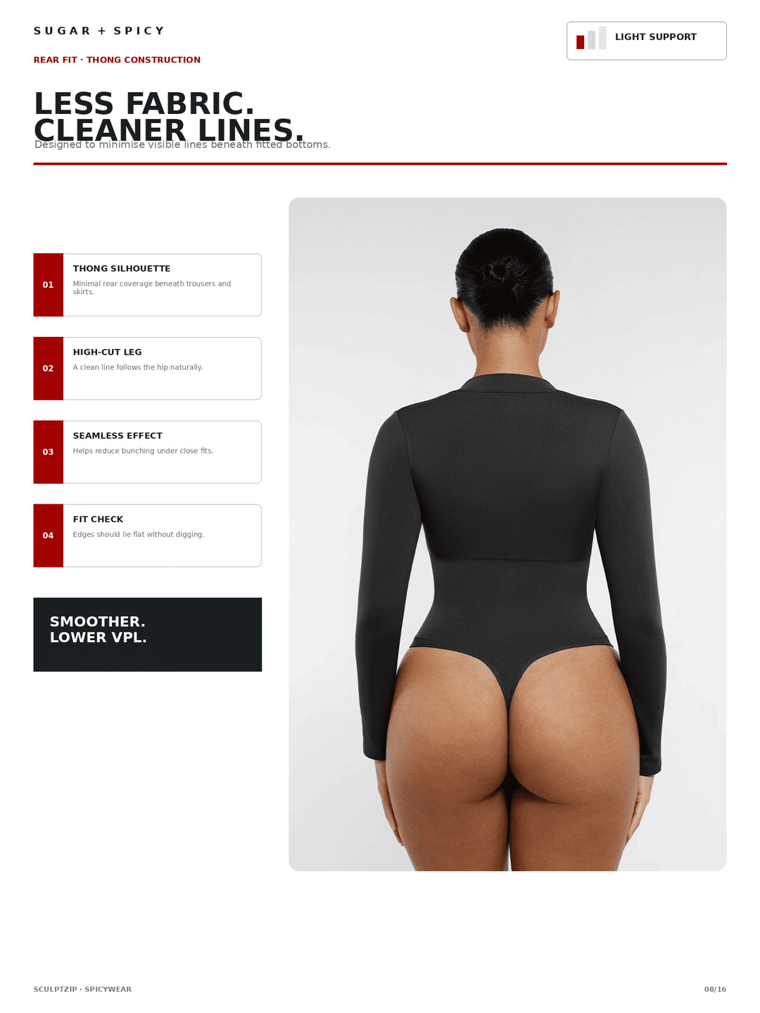 A model shown from the back wearing a black long-sleeve bodysuit with a high neck and minimal rear coverage, presented on a white marketing page with text callouts and product features.