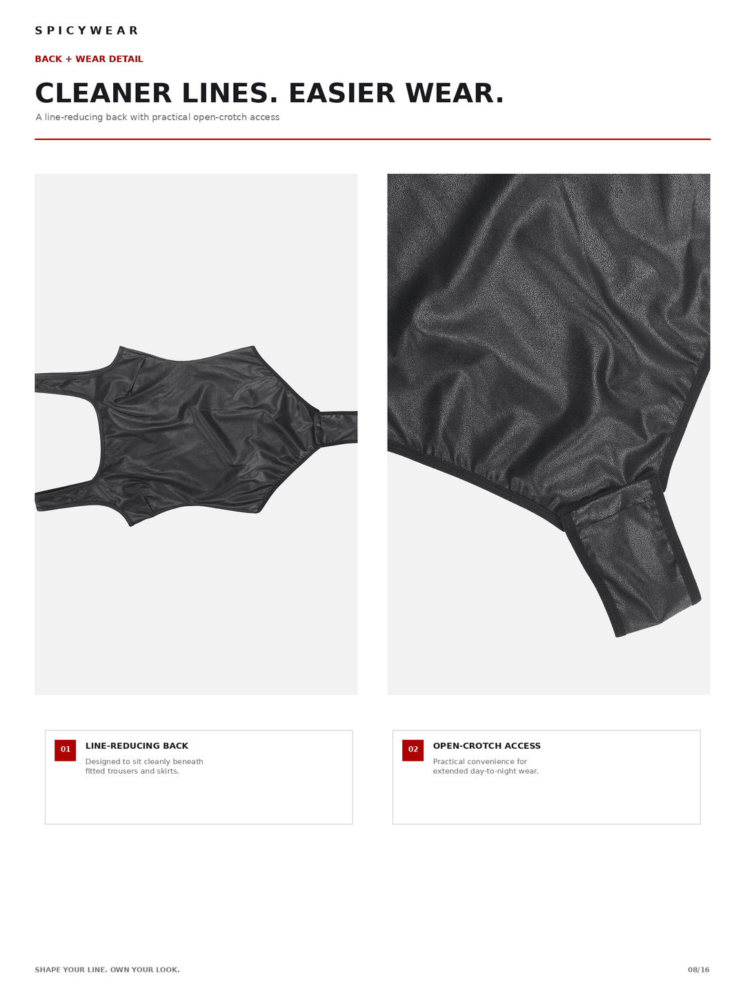 A product information page for a black satin-like one-piece garment by Spicywear, showing front and back detail views with text callouts about clean lines, easier wear, line-softening back, and open-crotch access on a white background.