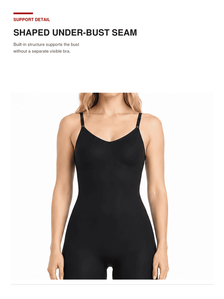 A black under-bust shaping camisole bodysuit shown on a model against a white background, with text at the top describing the shaped under-bust seam feature.