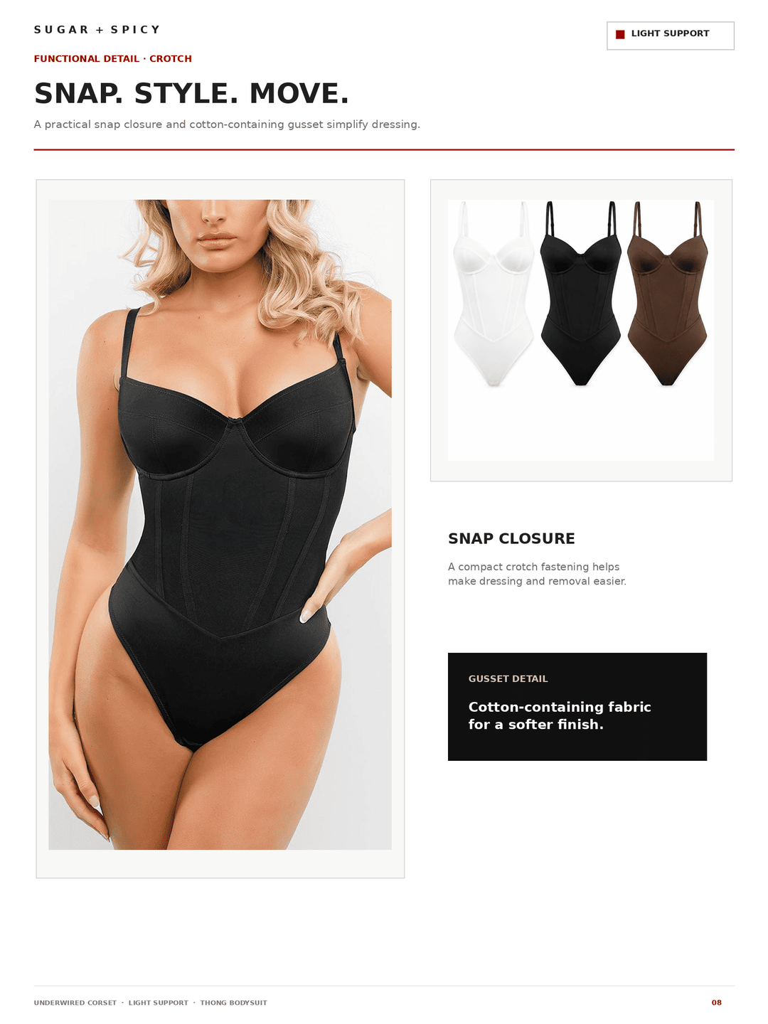 A catalog page for a snap-front bodysuit, featuring a model wearing a black one-piece with a structured bust and underbust snap closure. The page includes smaller inset photos of the bodysuit in white, black, and brown, along with text describing the snap closure and gusset detail.
