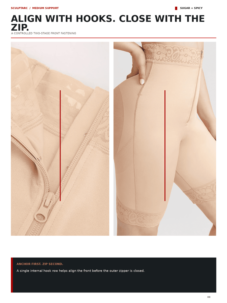 Instructional page showing close-up panels of a beige shapewear garment with lace trim and red guide lines explaining hook-and-zip fastening. Text at the top reads 'ALIGN WITH HOOKS.