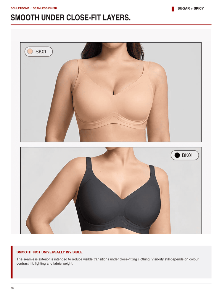 A catalog page showing two bra color options on a model: a beige seamless underwire bra labeled SK01 at the top, and a dark charcoal gray seamless underwire bra labeled BK01 at the bottom. Text at the top reads 'SMOOTH UNDER CLOSE-FIT LAYERS.