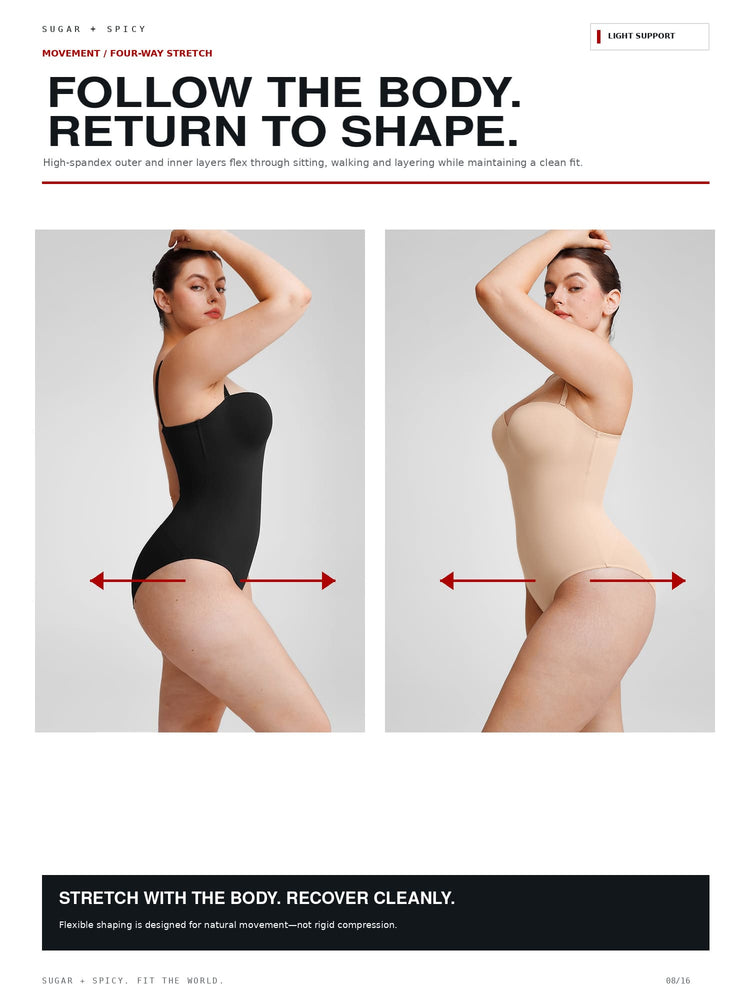 An informational marketing page for Sugar + Spicy brand's four-way stretch bodysuit. The page features text at the top and bottom, and two side-by-side photos of a model demonstrating the product's stretch and recovery function.