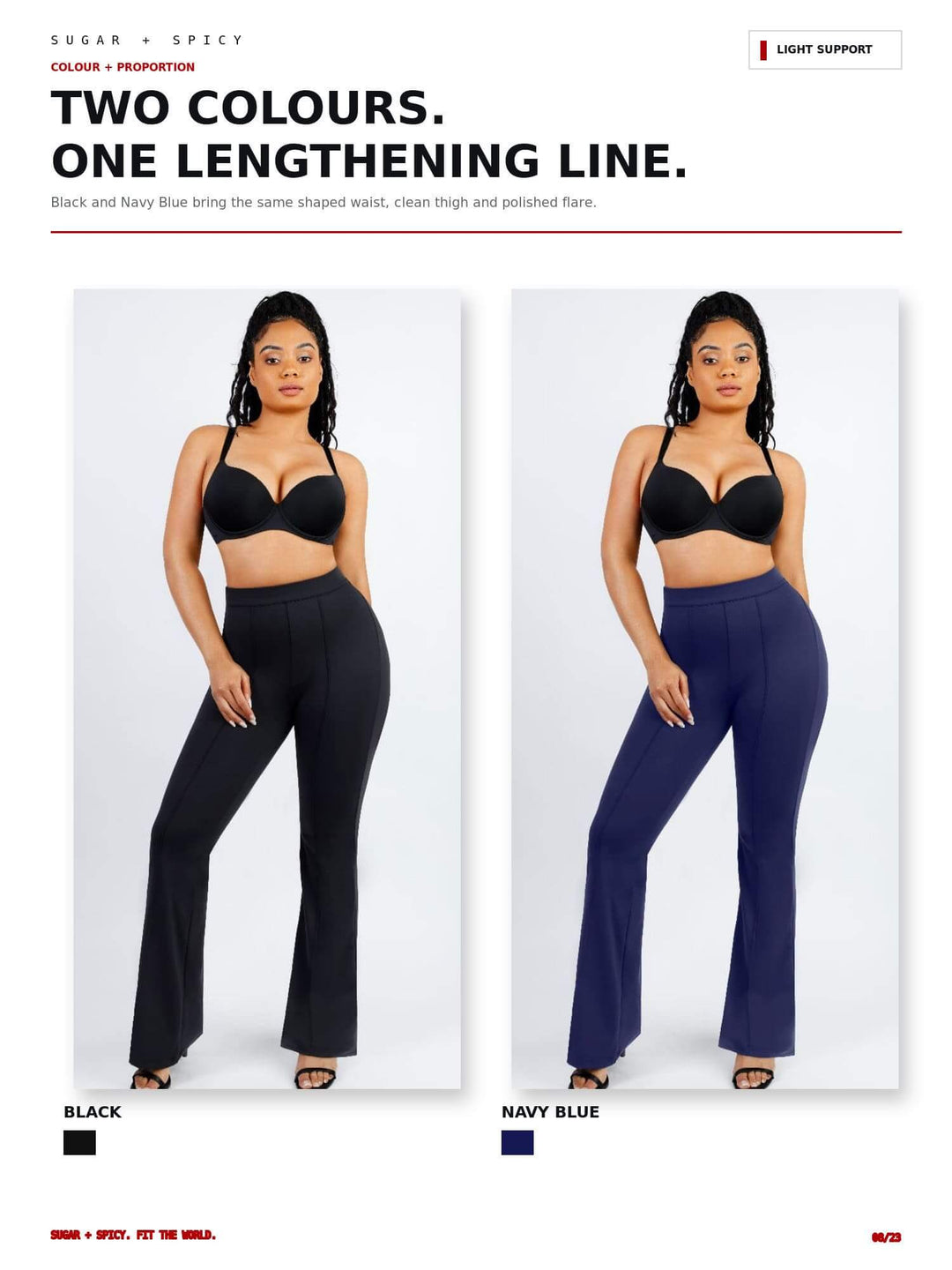 A fashion catalog page showing a model wearing the same pants in two colorways: black and navy blue. The page has large headline text at the top reading &