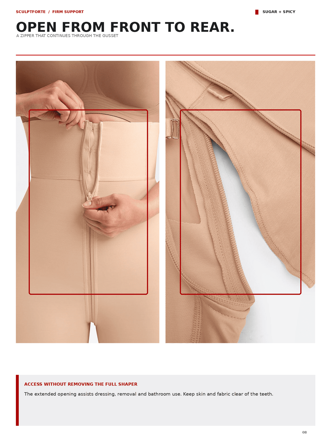 Instructional product page showing a beige shapewear garment with close-up panels of the front zipper opening and side seam detail, accompanied by explanatory text and red outline callouts.