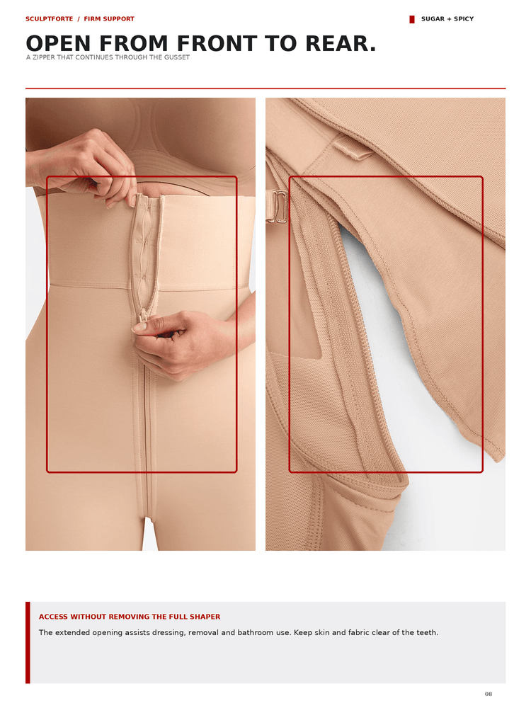 Instructional product page showing a beige shapewear garment with close-up panels of the front zipper opening and side seam detail, accompanied by explanatory text and red outline callouts.