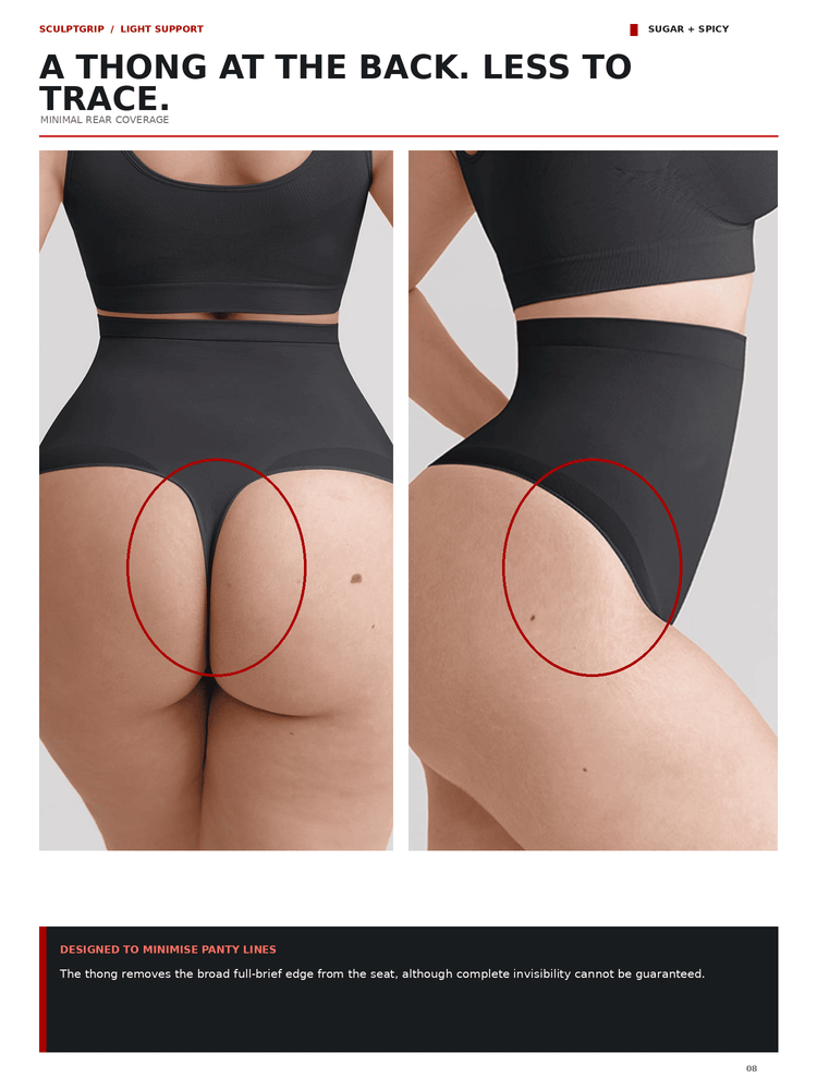 A before-and-after style comparison page showing a model from the back wearing black high-waisted underwear. The left panel highlights a thong area with a red circle, and the right panel shows a smoother, flatter hip/seat area with a red circle.
