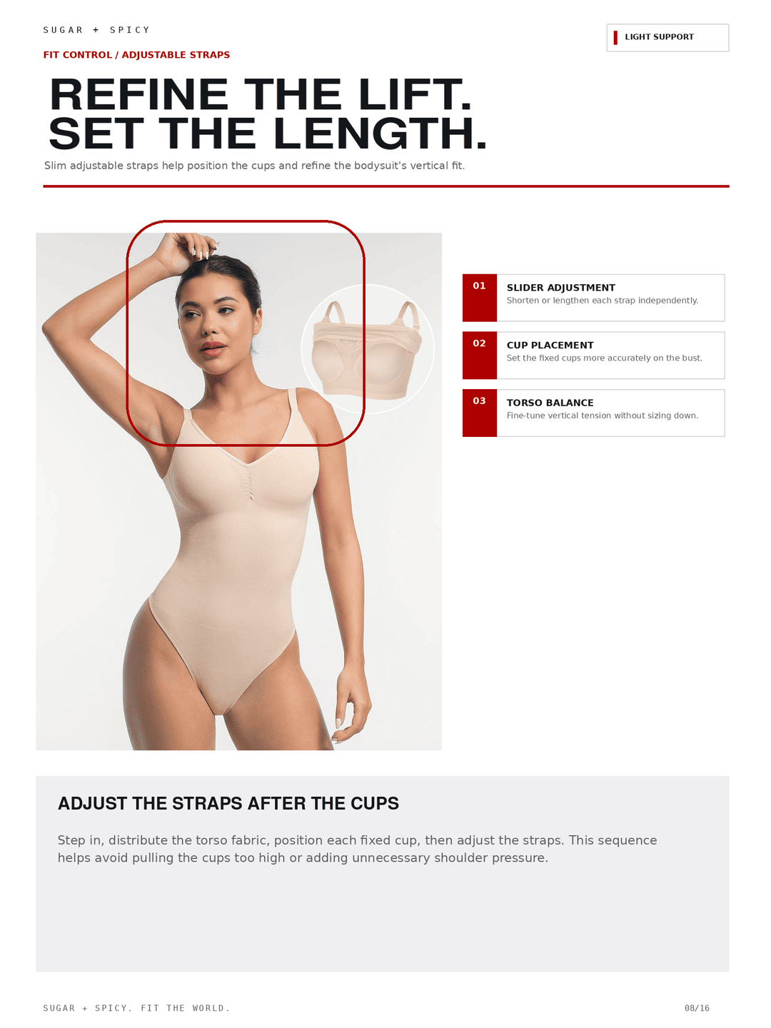 Instruction sheet for Sugar + Spice adjustable straps shapewear, showing a model wearing beige cups and a shapewear brief, with text explaining how to refine the lift and set the length.