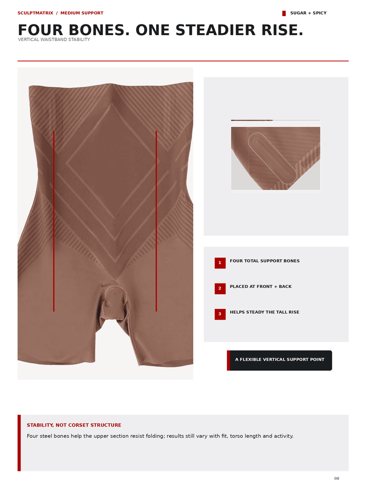A product information page for a bodysuit/shapewear garment. The page shows a front view of the garment in a muted taupe-brown color with red measurement guide lines and text callouts explaining support bones and vertical support point.