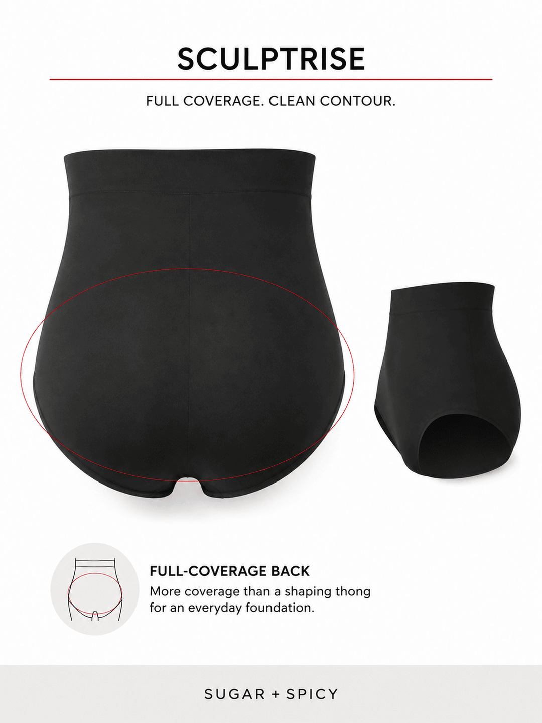 Black belly shapewear briefs shown from the back on a white background, with a red oval highlighting the full coverage. The graphic includes text reading &