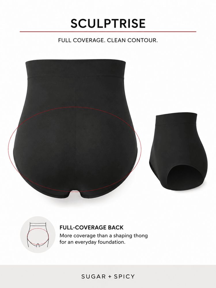 Black belly shapewear briefs shown from the back on a white background, with a red oval highlighting the full coverage. The graphic includes text reading 'SCULPTRISE' and 'FULL COVERAGE.