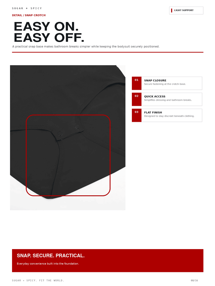 A product feature infographic for a snap crotch undergarment, showing a close-up of the black fabric with a red outlined fold and text callouts explaining the snap closure, quick access, and flat finish.
