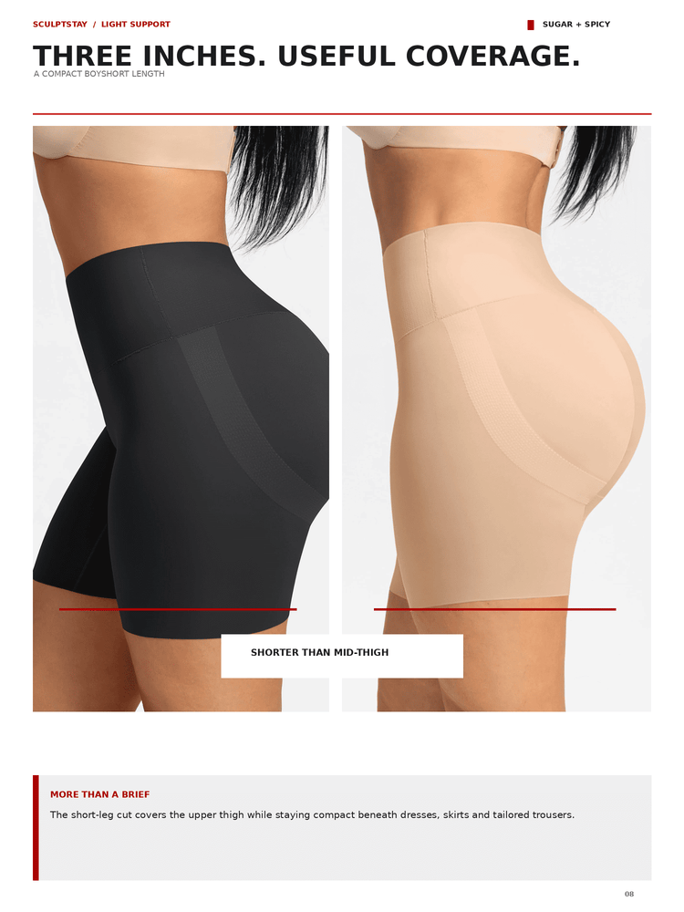 A product comparison page showing two side-by-side views of a model wearing high-waisted compression shorts. The left view shows the shorts in black, labeled 'SHORTER THAN MID-TIGH'.