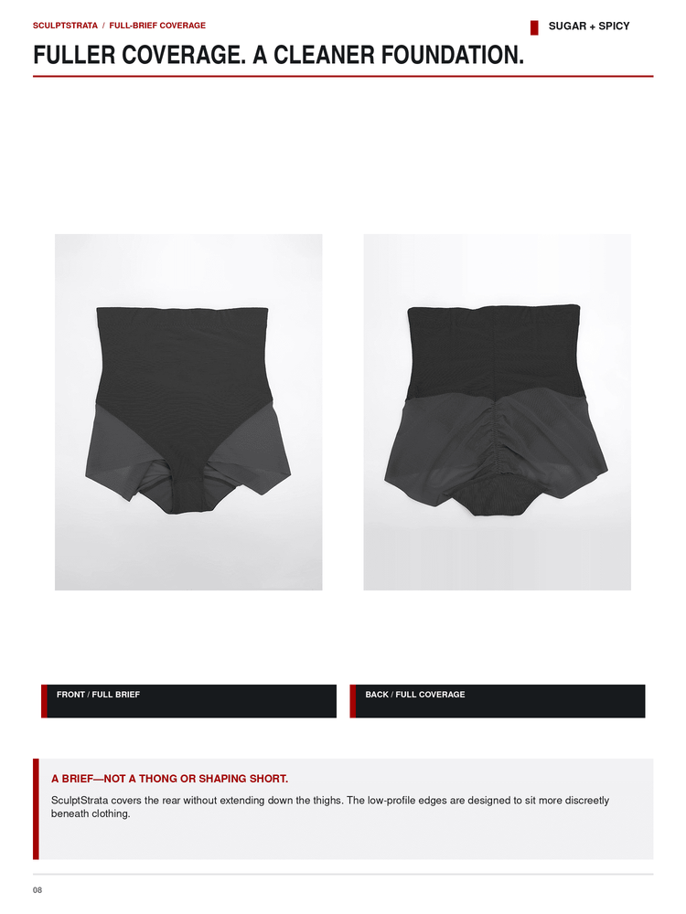 A product comparison page showing two black high-waisted briefs labeled 'Front: Full Brief' and 'Back: Full Coverage' under the heading 'Fuller Coverage. A Cleaner Foundation.