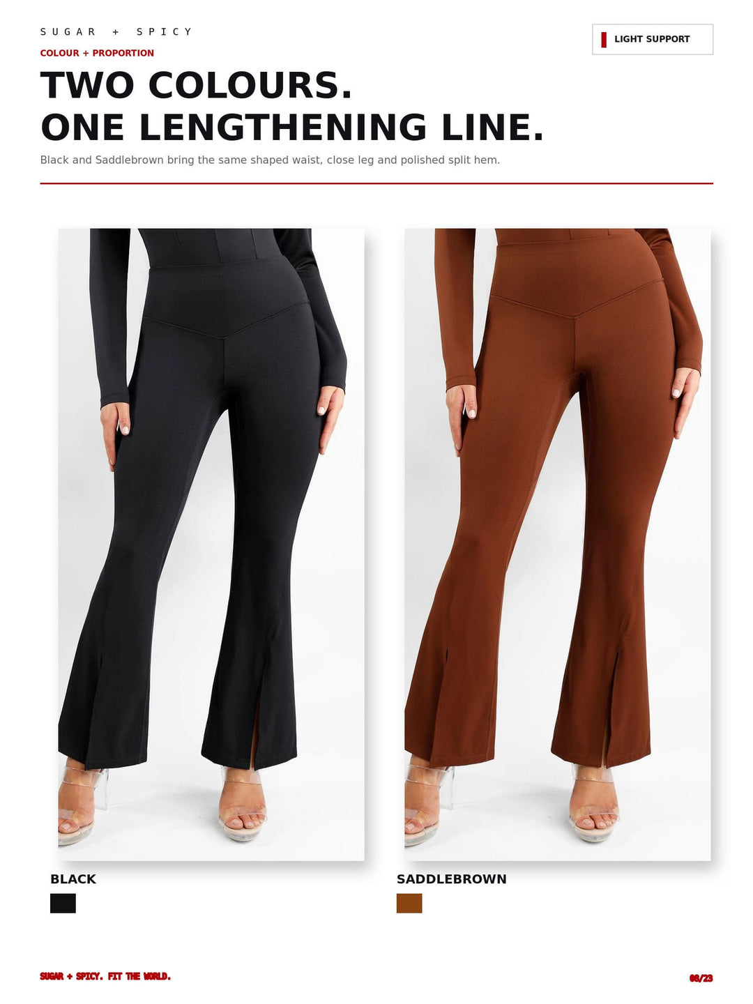 A catalog page showing two colorways of high-waisted flared pants: one black and one saddlebrown, each worn by a model against a white background. The page includes text reading &