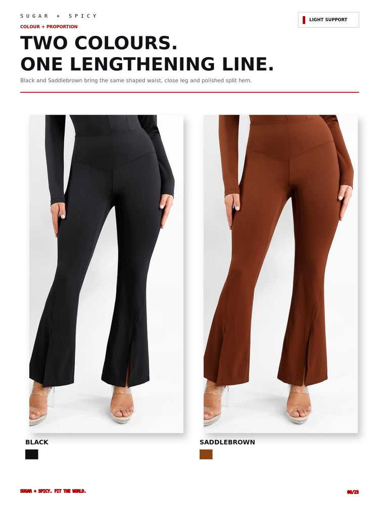 A catalog page showing two colorways of high-waisted flared pants: one black and one saddlebrown, each worn by a model against a white background. The page includes text reading 'TWO COLOURS.