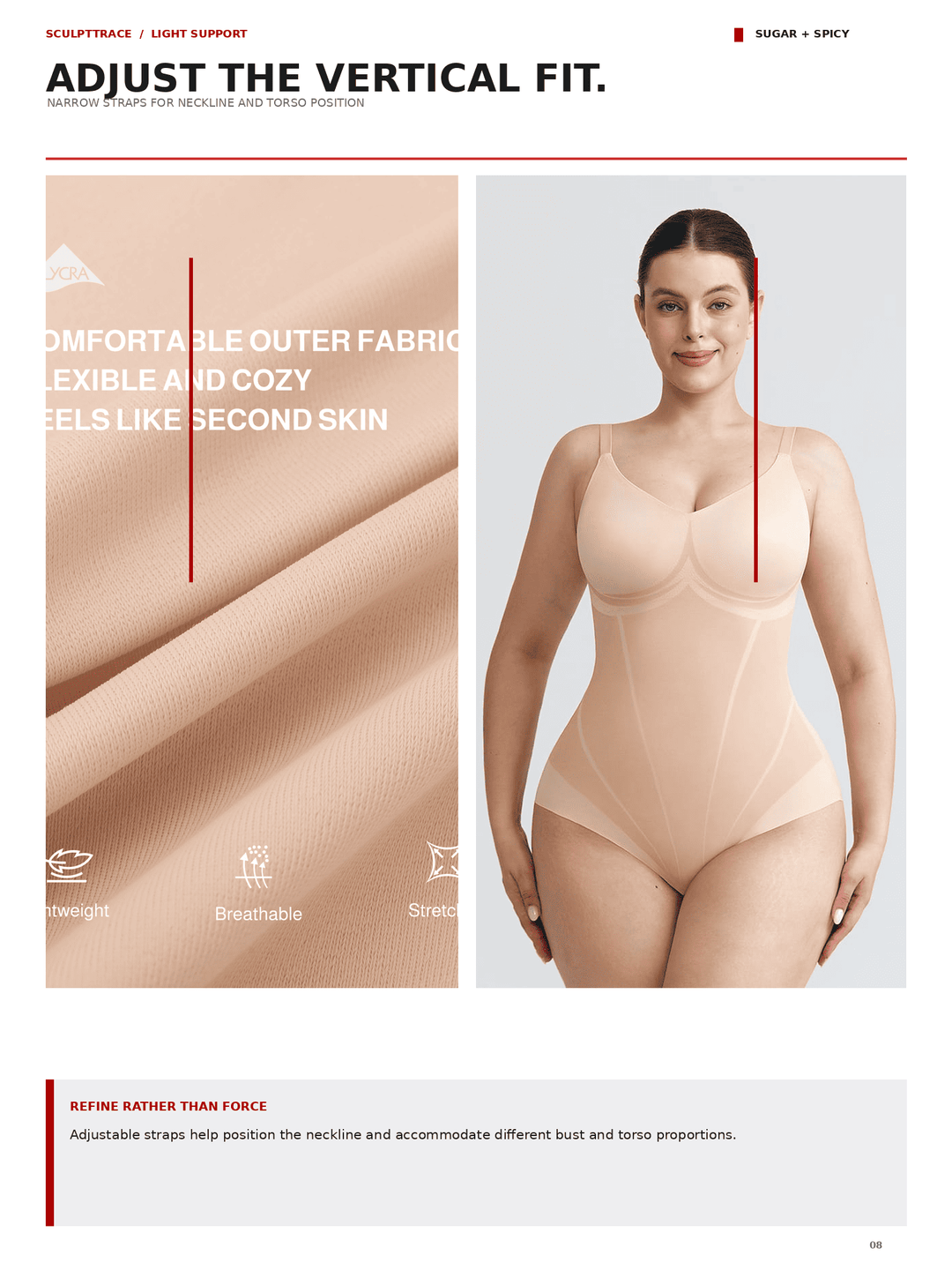 A model wearing a light beige body-shaping bodysuit is shown on a light gray background, alongside a close-up of the fabric texture. The page includes marketing text such as &