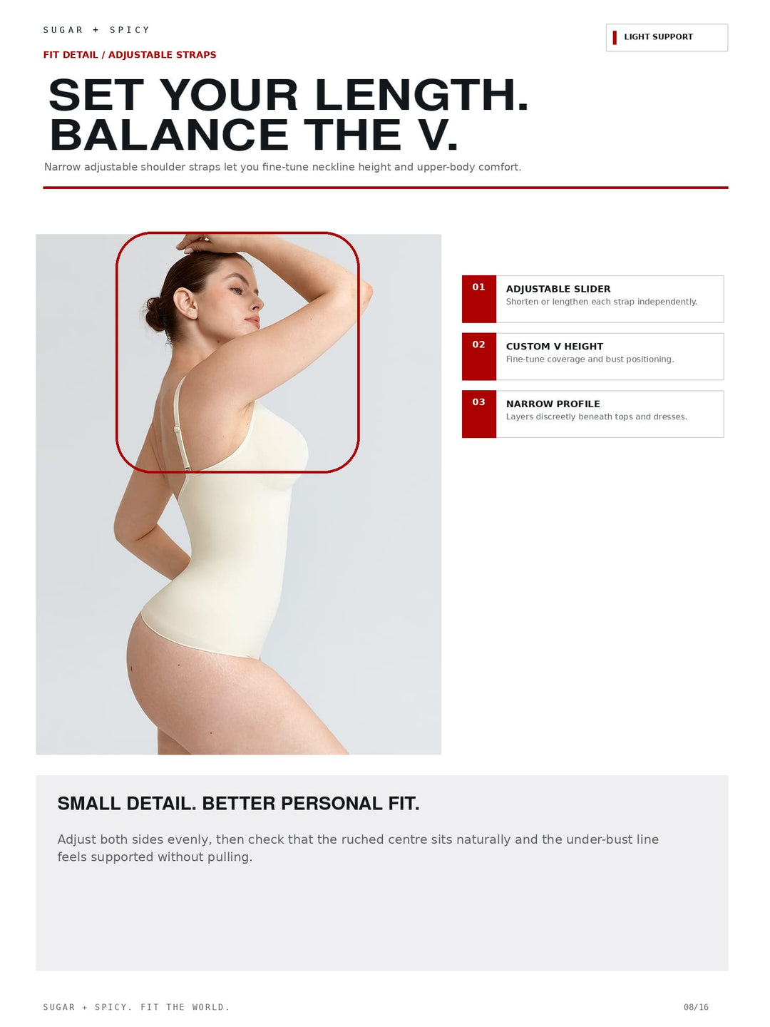 A product information page for Sugar + Spicy adjustable bodysuit straps, featuring a model wearing a cream bodysuit with a red outline highlighting the strap attachment area. The page includes text detailing fit adjustments and a list of features.