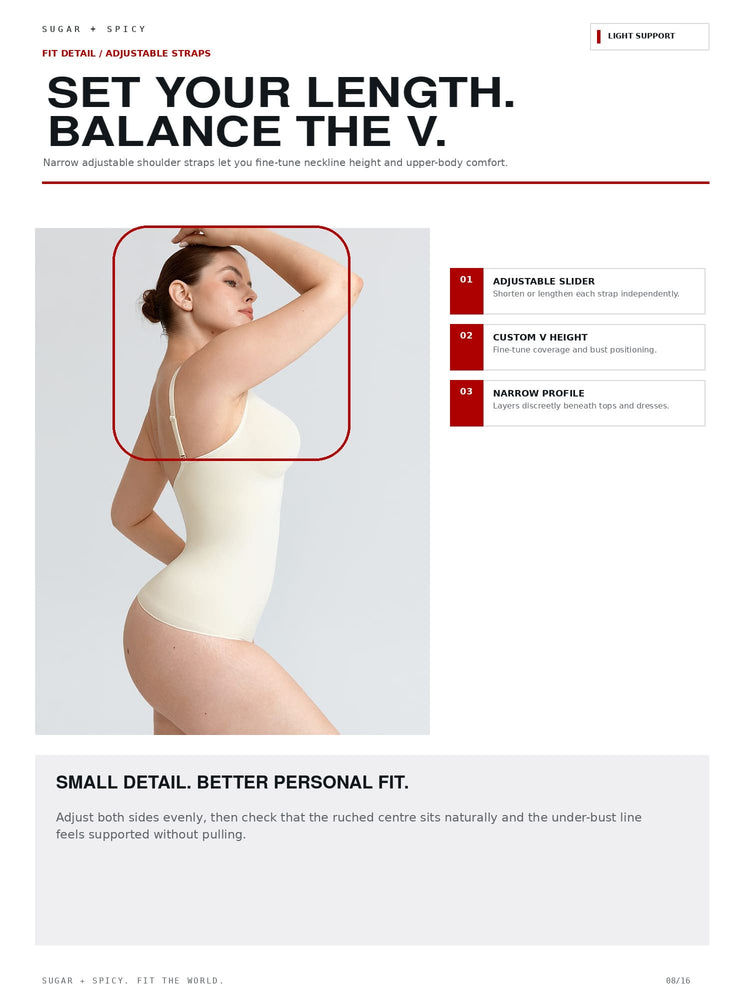 A product information page for Sugar + Spicy adjustable bodysuit straps, featuring a model wearing a cream bodysuit with a red outline highlighting the strap attachment area. The page includes text detailing fit adjustments and a list of features.