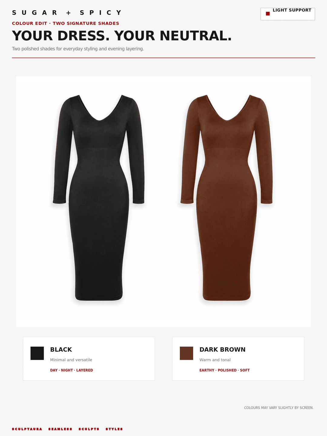 A digital color swatch and shade guide for a long-sleeve bodycon dress, showing two versions side by side: a black version labeled &