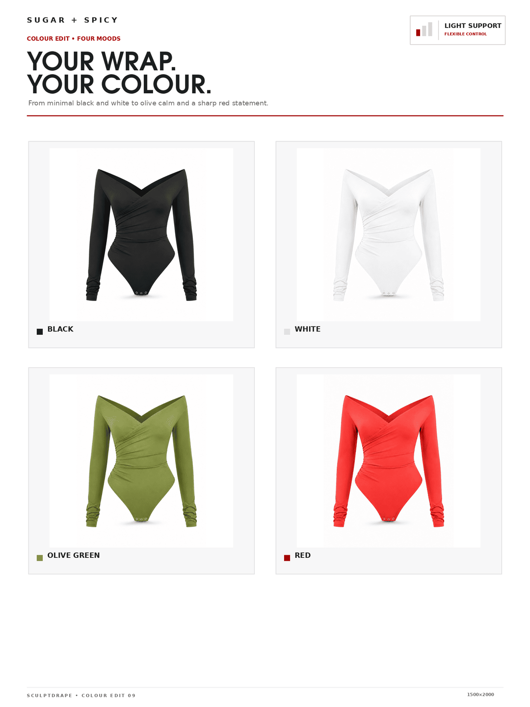 A color options graphic for a long-sleeve bodysuit by Sugar + Spicy, showing four color variants in a 2x2 grid: black, white, olive green, and red. The top of the page includes the text &