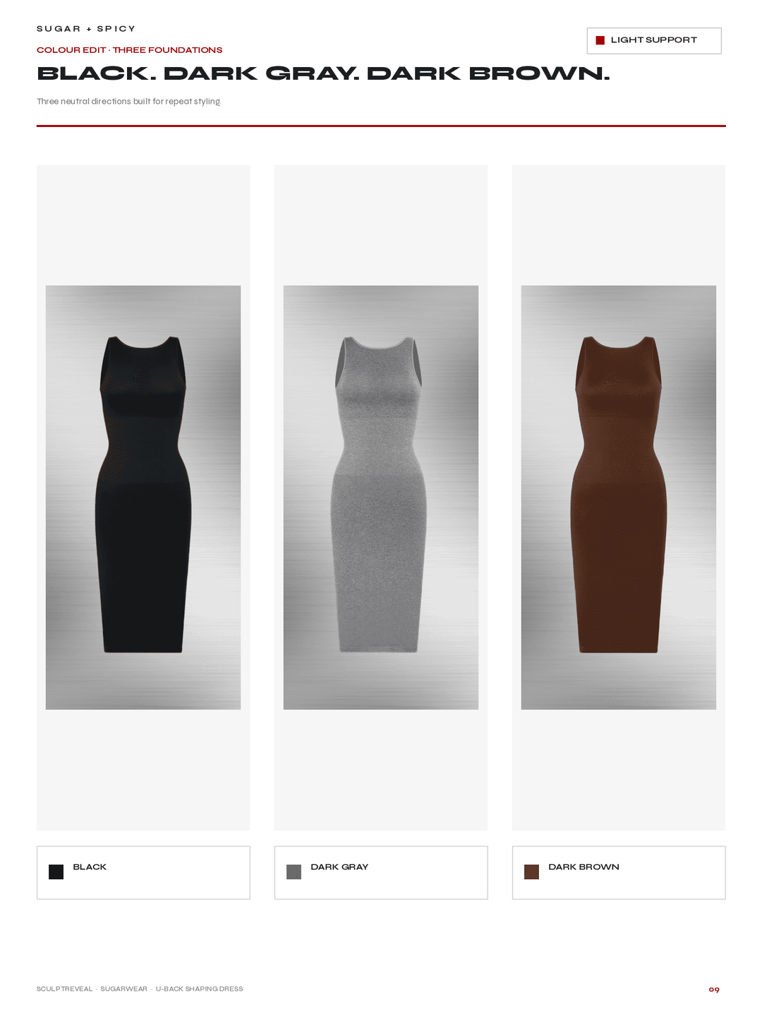 A color options page showing three sleeveless fitted dresses in different shades: black, dark gray, and dark brown. The page has text at the top reading &