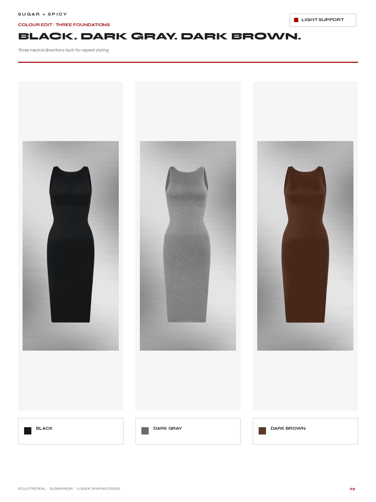 A color options page showing three sleeveless fitted dresses in different shades: black, dark gray, and dark brown. The page has text at the top reading 'BLACK, DARK GRAY, DARK BROWN.