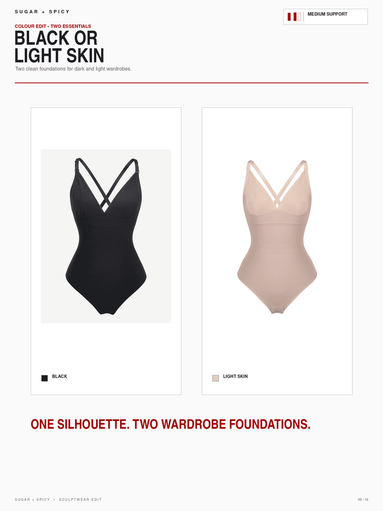 A product comparison graphic for Sugar + Spicy's 'Black or Light Skin' foundation line. It shows two one-piece bodysuit silhouettes side-by-side: one in black and one in light beige/nude, labeled 'Black' and 'Light skin' respectively, with the text 'ONE SILHOUETTE.